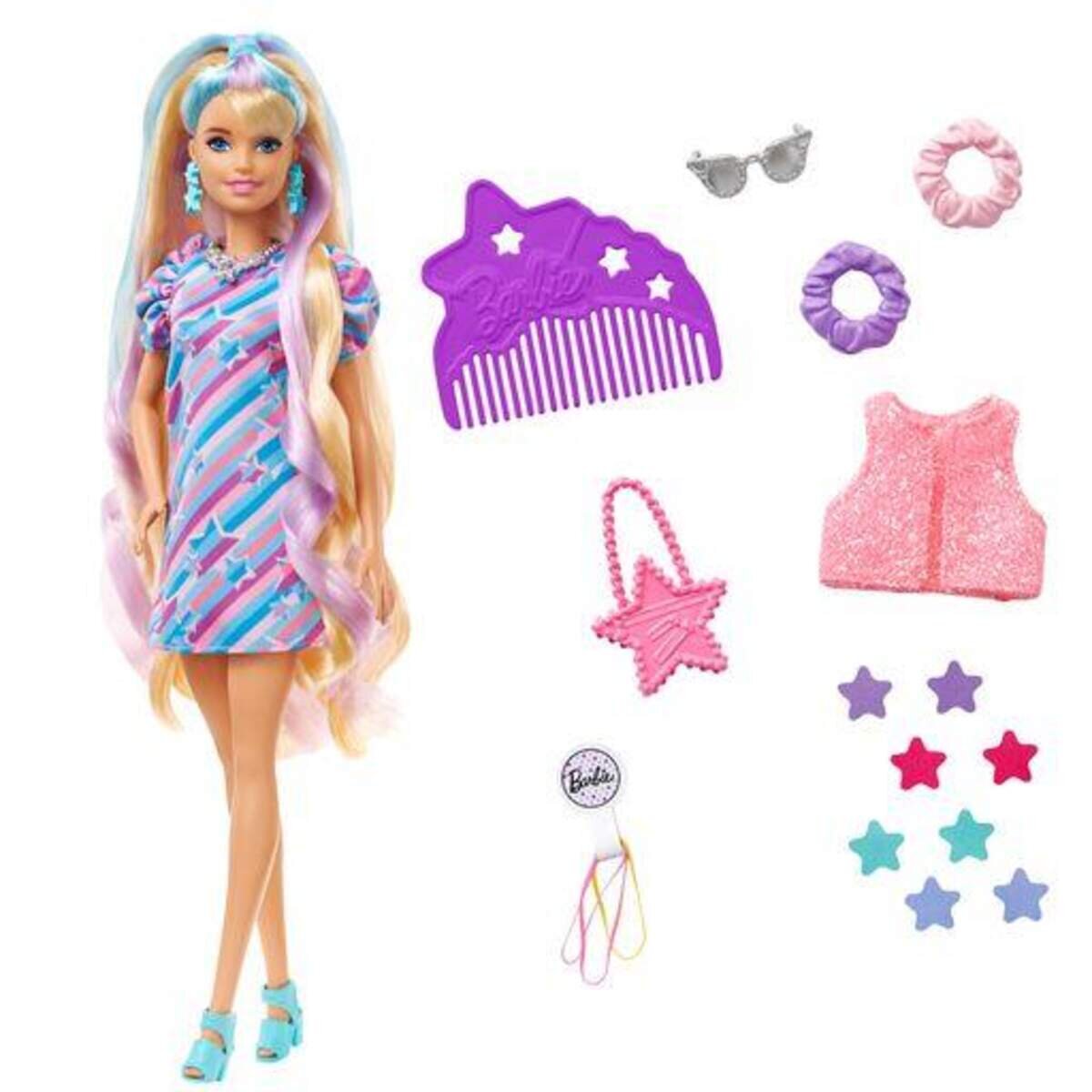 Barbie Totally Hair Puppe im Sternenlook, 21,6 cm langes Fantasiehaar, 15 Zubehörteile