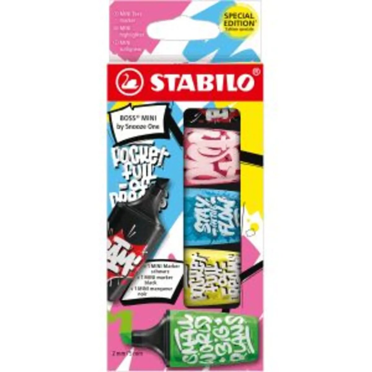 Textmarker & Marker - STABILO BOSS MINI by Snooze One - 5er Pack - pink, blau, gelb, grün & schwarz