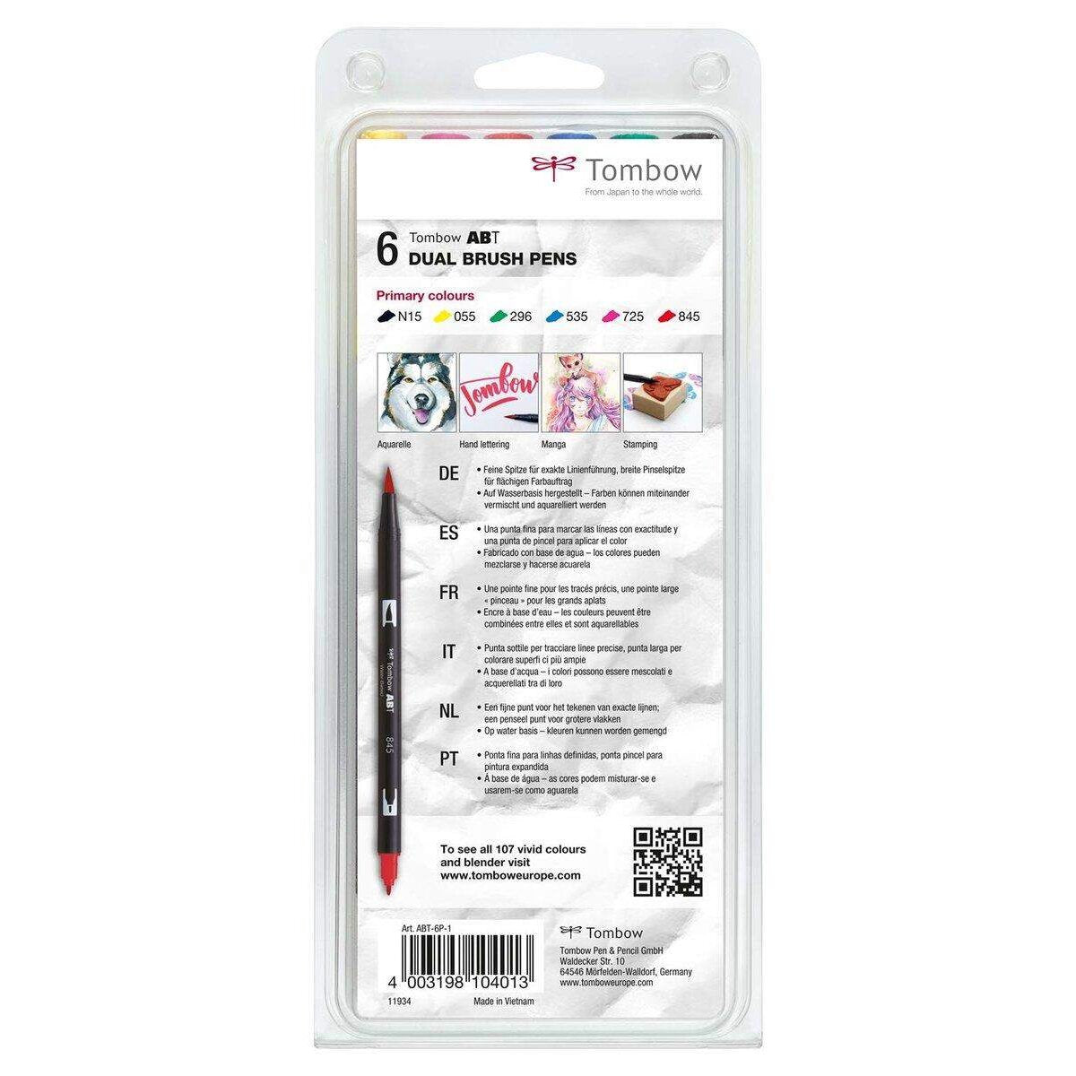 Tombow Fasermaler Dual Brush Pen mit zwei Spitzen 6er Set, primärfarben