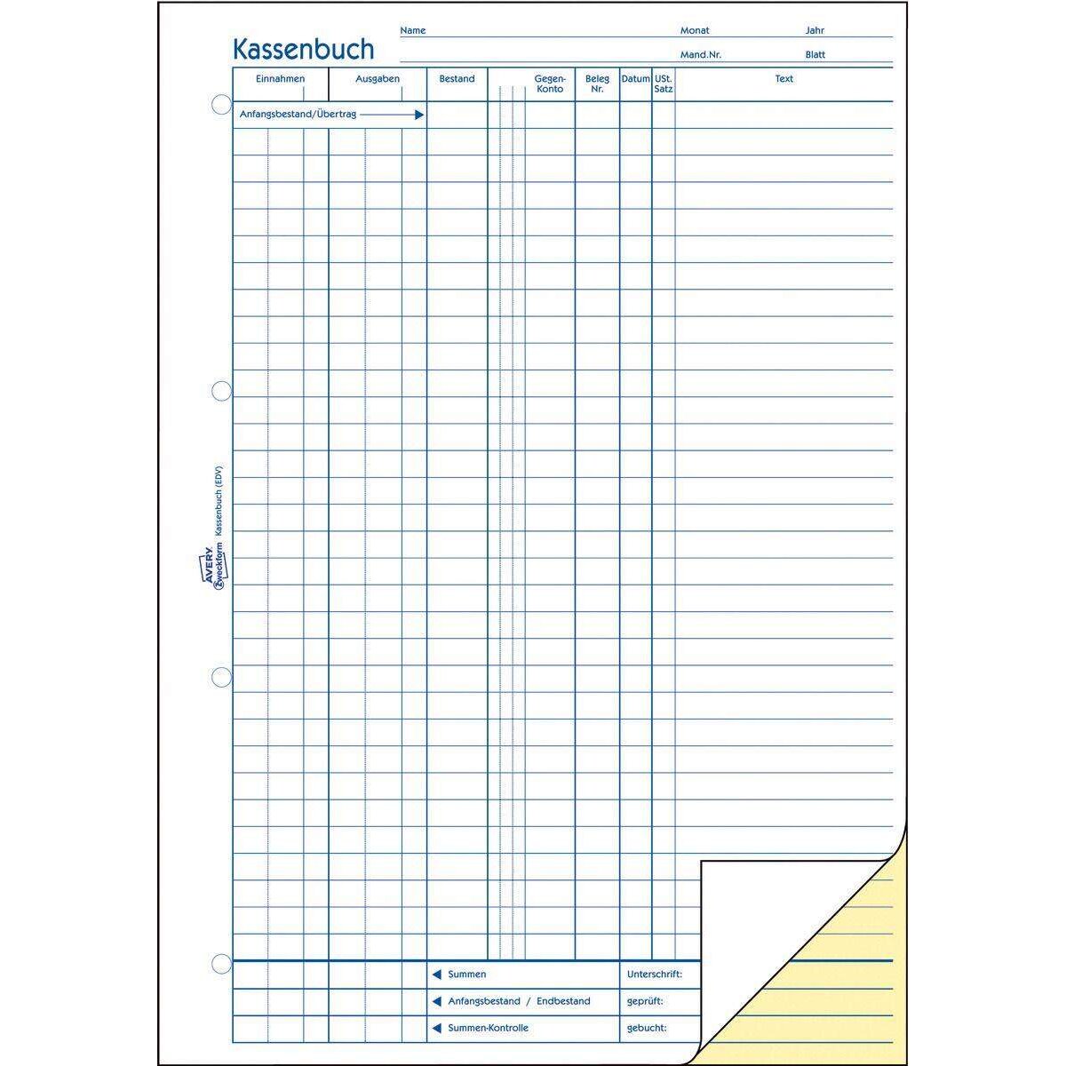 Avery Zweckform 1756 Kassenbuch, A4, EDV-gerecht, selbstdurchschreibend, 2x40 Blatt