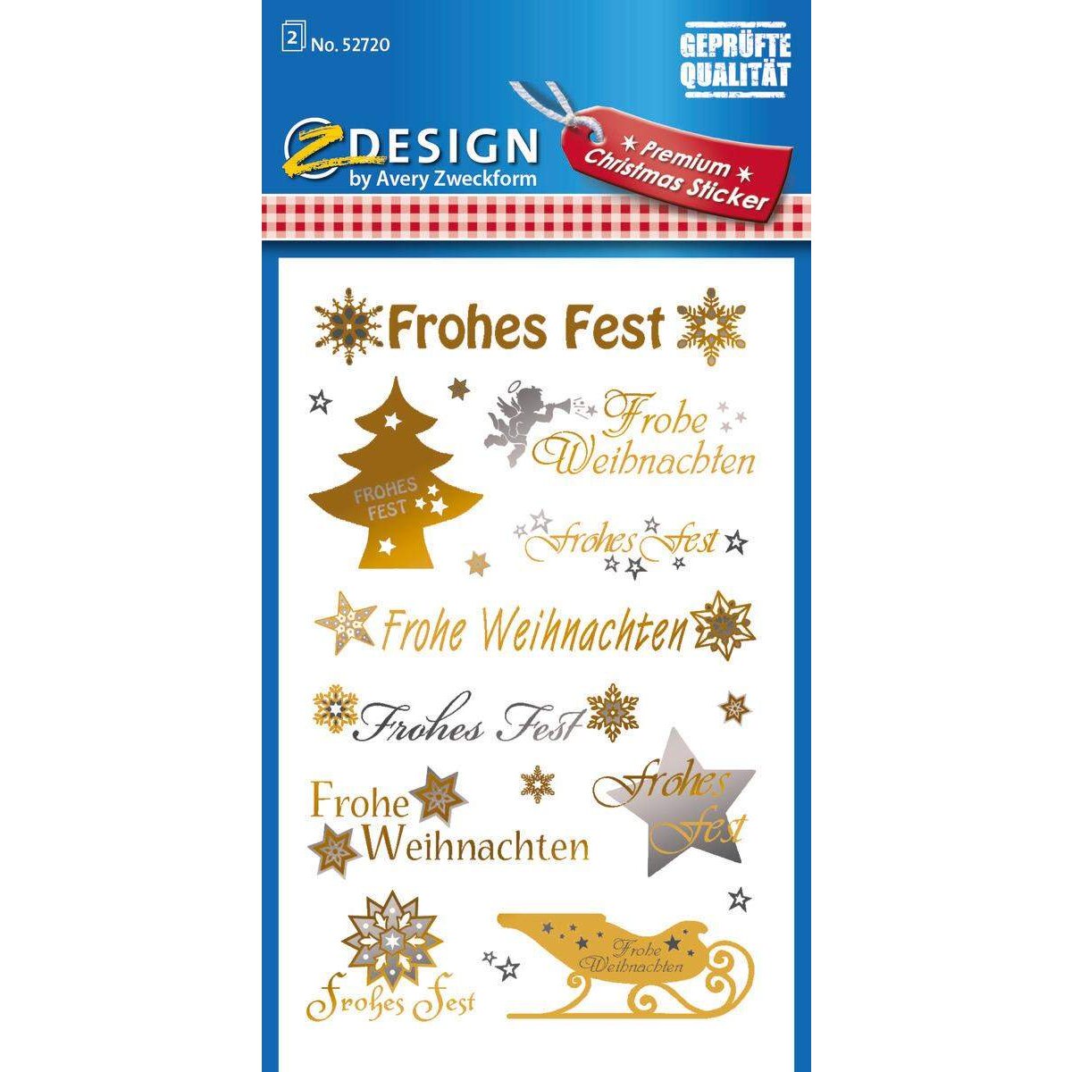 Avery Zweckform Z-Design 52720 Weihnachtssticker, Schriftzug: Frohe Weihnachten, 2 Bogen/20 Sticker