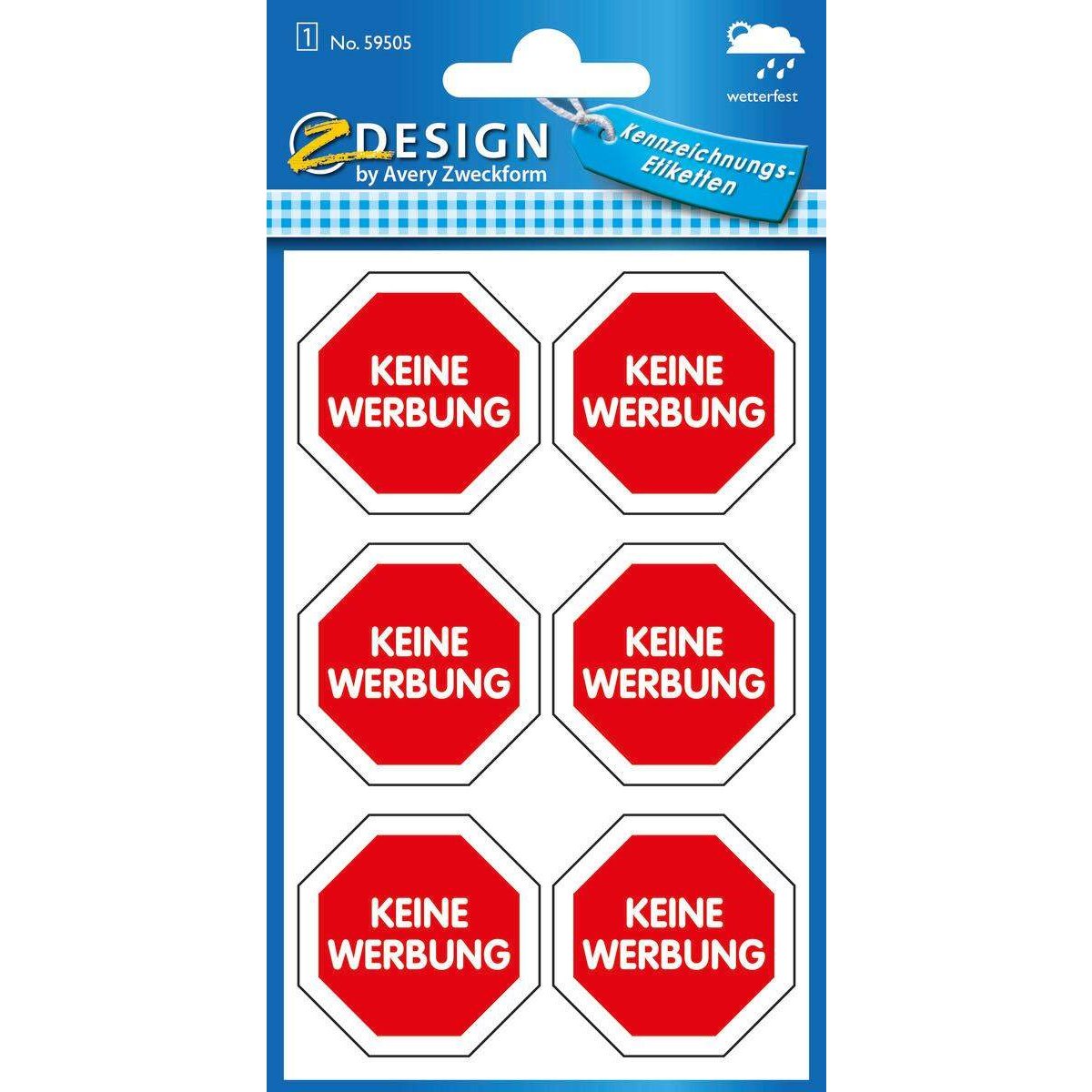 Avery Zweckform Z-Design 59505, Keine Werbung Etiketten, Schriftzug "Keine Werbung", 6 Aufkleber