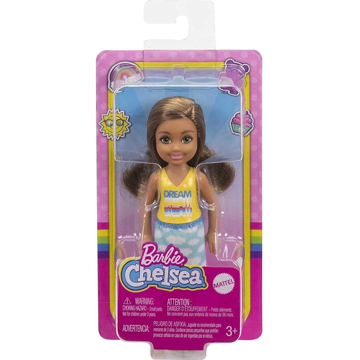 Barbie Chelsea – Puppe, 15 cm, Braun mit Rock mit Wolken und weißen Schuhen