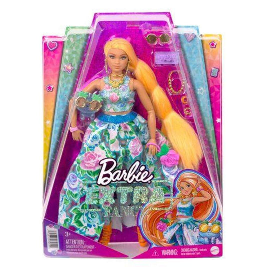 Barbie Extra Fancy Puppe im blauen Kleid mit Blumenmuster