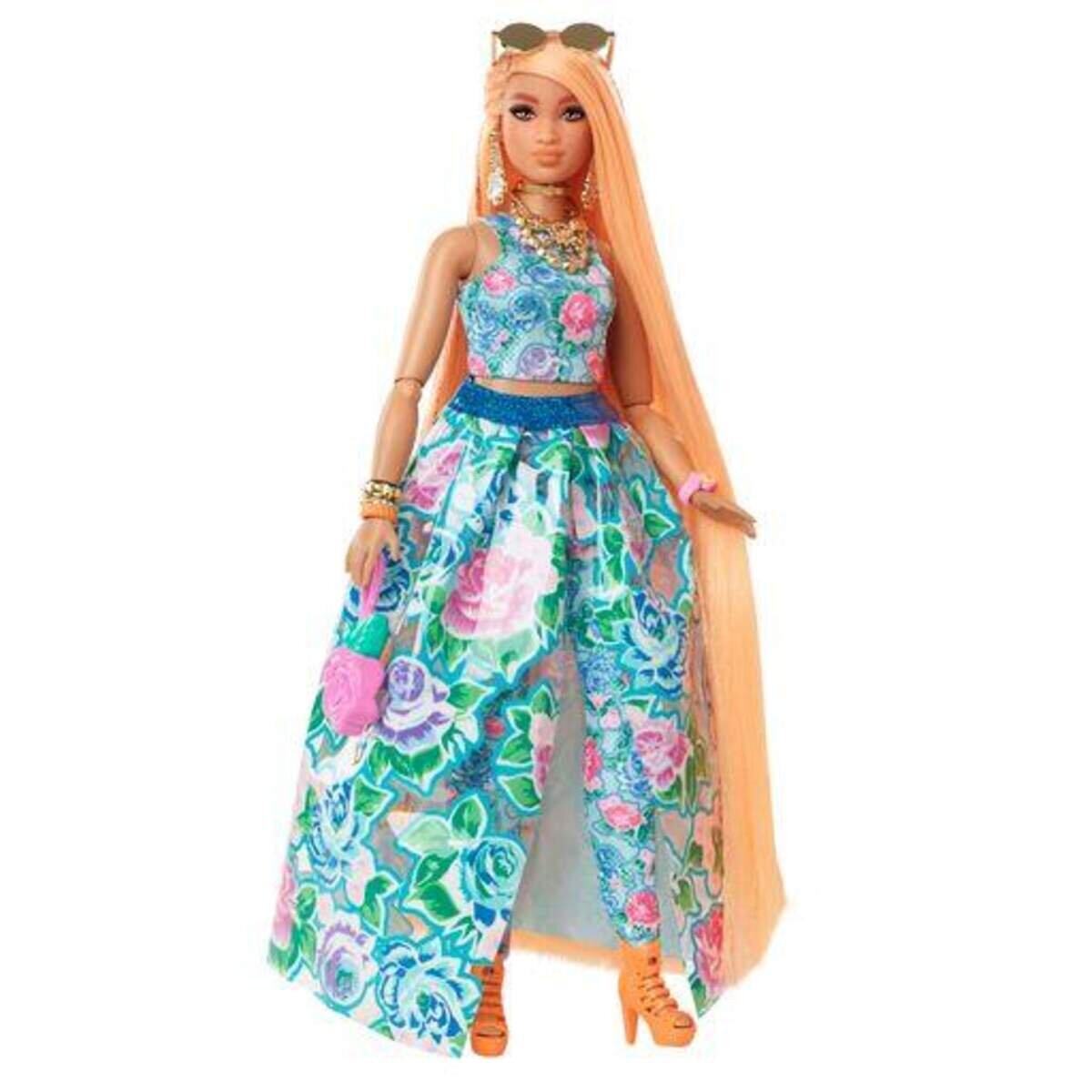 Barbie Extra Fancy Puppe im blauen Kleid mit Blumenmuster