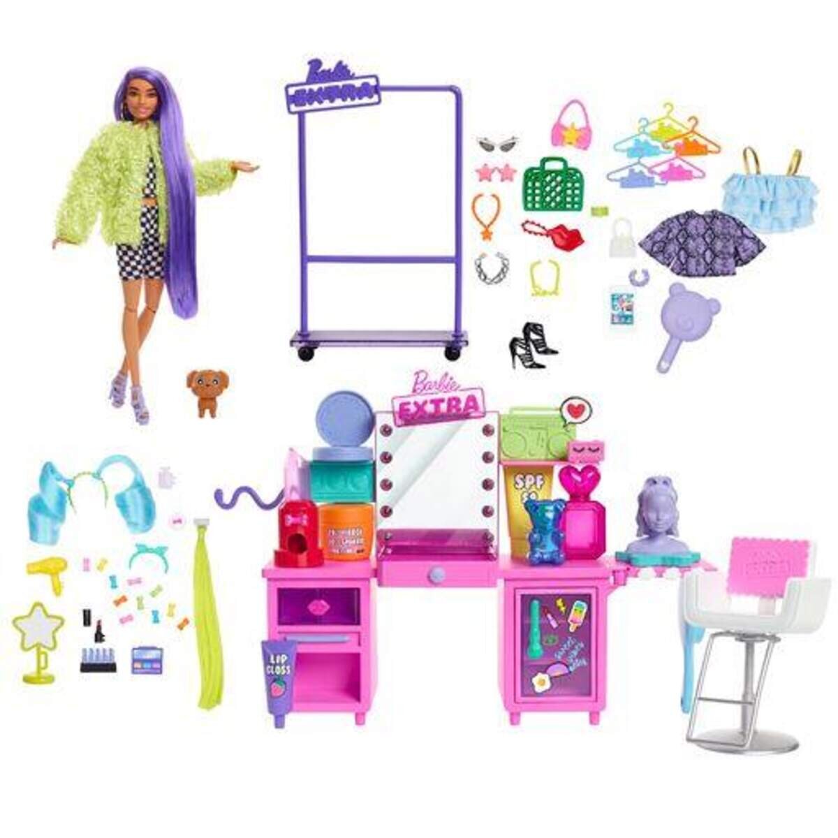 Barbie Extra Spielset mit Puppe, Hündchen und 45 Teilen Zubehör