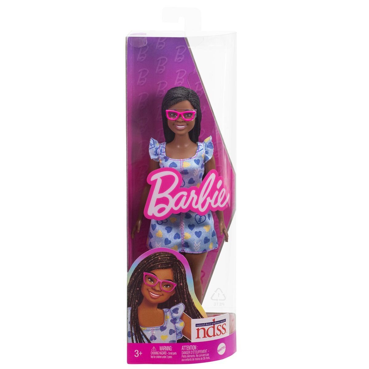 Barbie Fashionista Puppe mit Down-Syndrom im blau-gelben Herzkleid