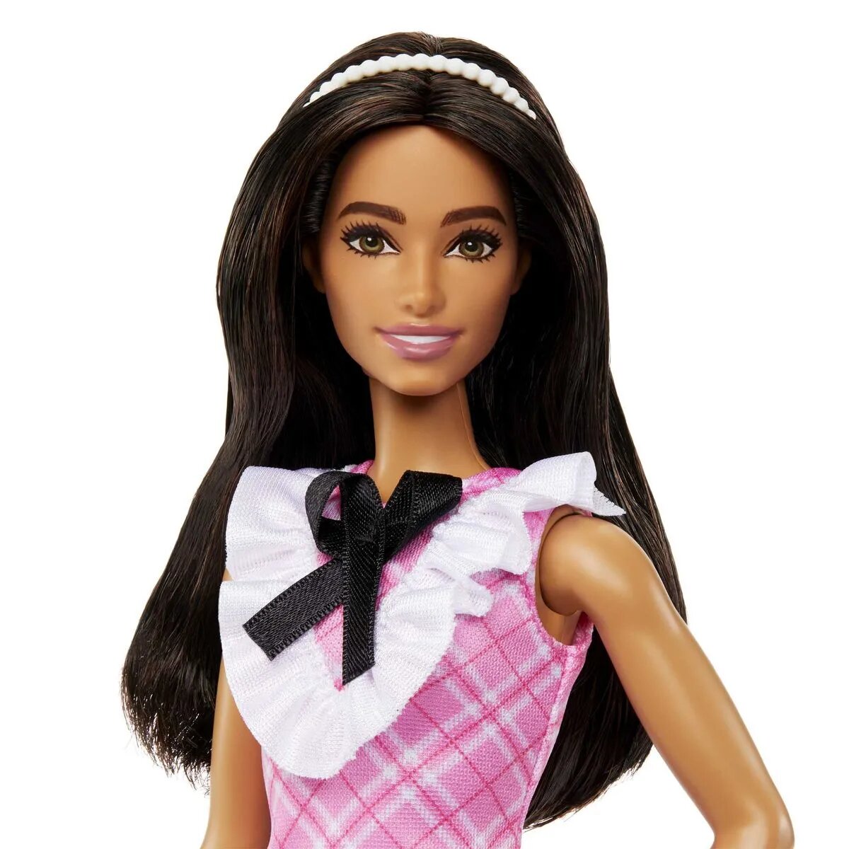 Barbie Fashionistas-Puppe mit schwarzem Haar und Karokleid