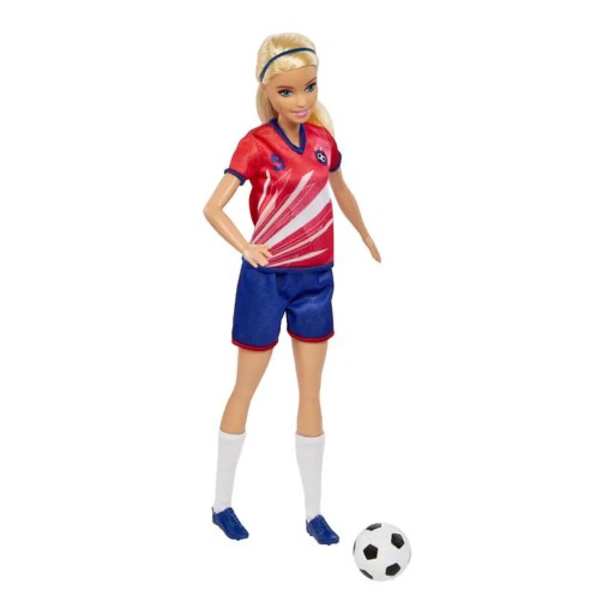 Barbie Fußballspielerin-Puppe, blond, Trikot mit der Nummer 9, Fußball, Stollenschuhe, Stutzen, für Kinder ab 3 Jahre