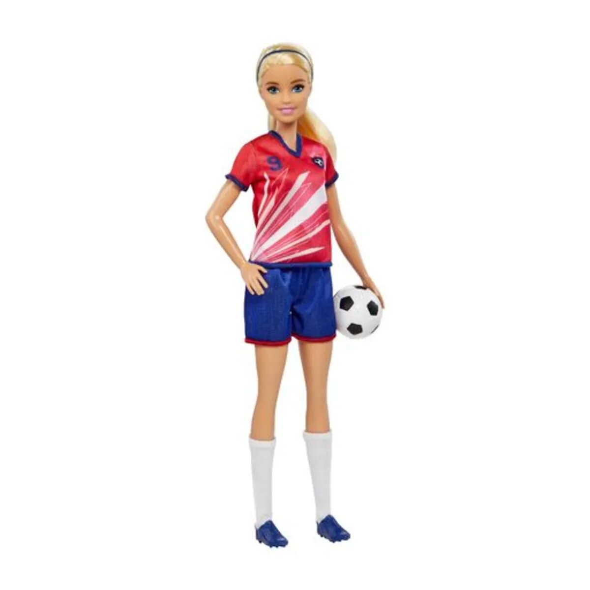 Barbie Fußballspielerin-Puppe, blond, Trikot mit der Nummer 9, Fußball, Stollenschuhe, Stutzen, für Kinder ab 3 Jahre