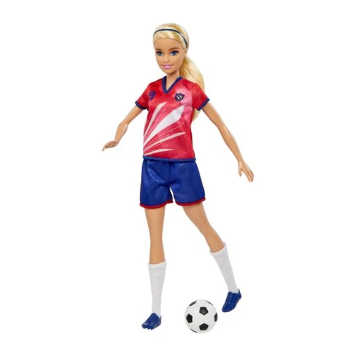 Barbie Fußballspielerin-Puppe, blond, Trikot mit der Nummer 9, Fußball, Stollenschuhe, Stutzen, für Kinder ab 3 Jahre