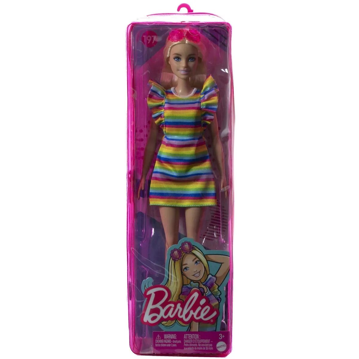 Barbie-Puppe mit Zahnspange und Regenbogenkleid