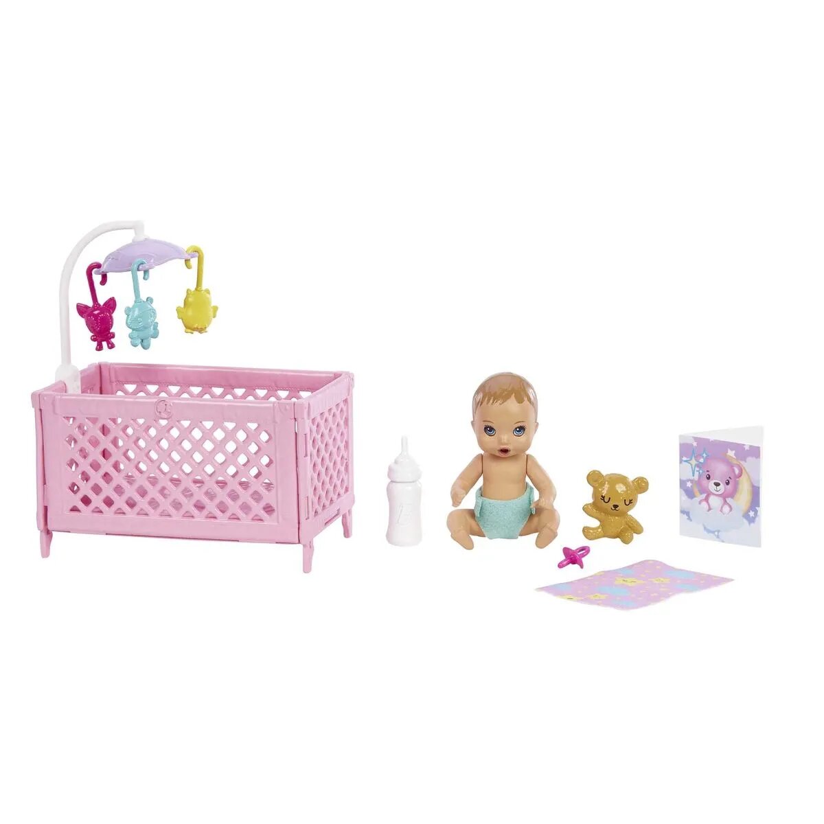 Barbie "Skipper Babysitters Inc." Puppe mit Gitterbett, Baby & Zubehör Spielset (lila Strähnen)