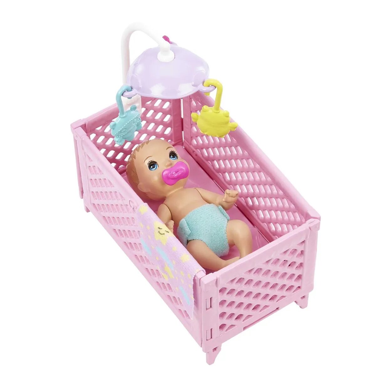 Barbie "Skipper Babysitters Inc." Puppe mit Gitterbett, Baby & Zubehör Spielset (lila Strähnen)