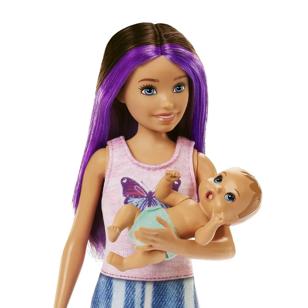 Barbie "Skipper Babysitters Inc." Puppe mit Gitterbett, Baby & Zubehör Spielset (lila Strähnen)