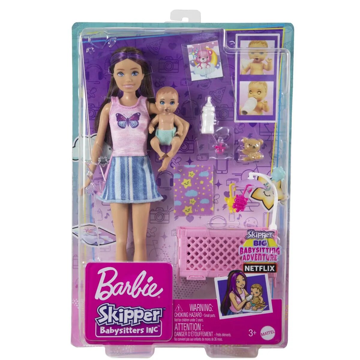 Barbie "Skipper Babysitters Inc." Puppe mit Gitterbett, Baby & Zubehör Spielset (lila Strähnen)