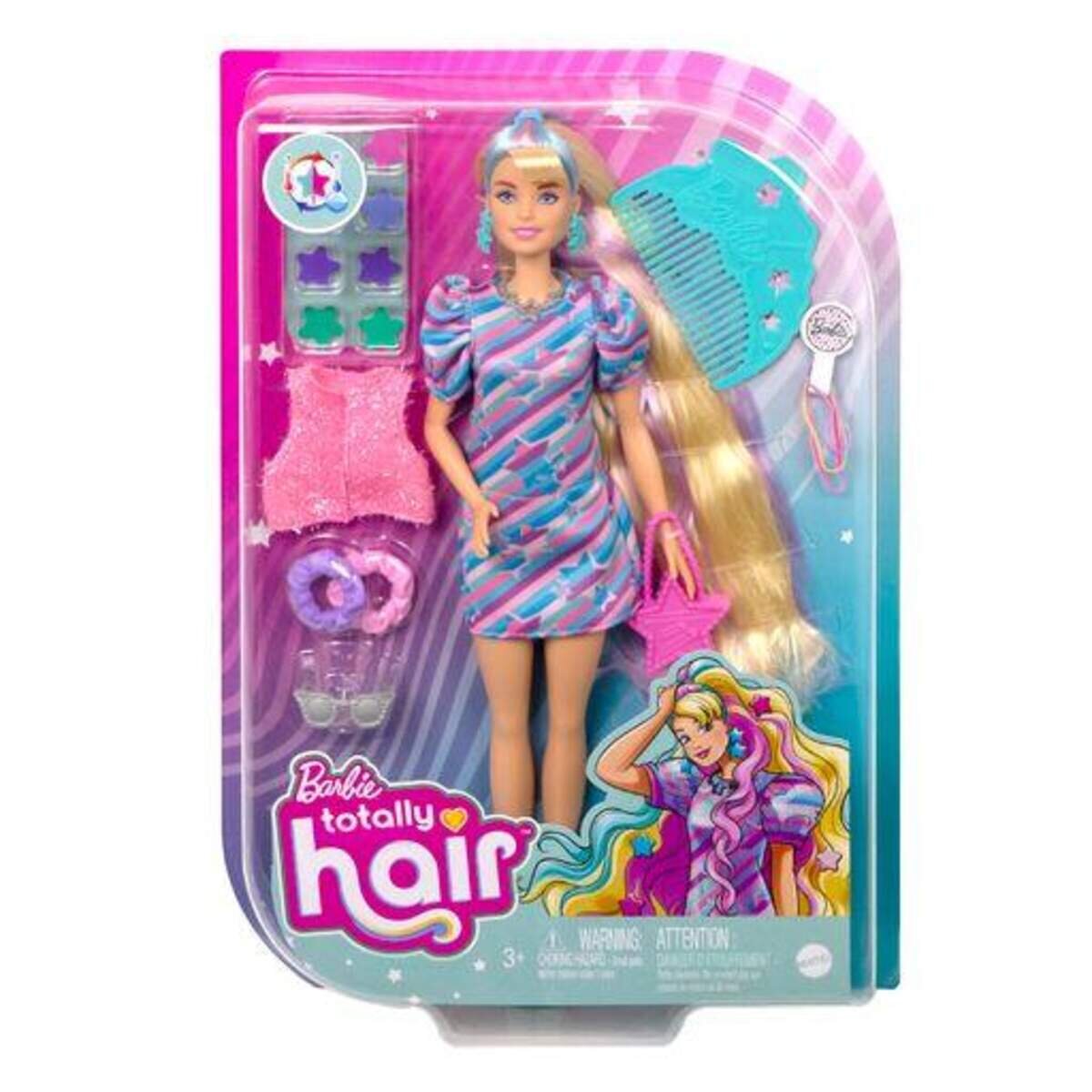 Barbie Totally Hair Puppe im Sternenlook, 21,6 cm langes Fantasiehaar, 15 Zubehörteile