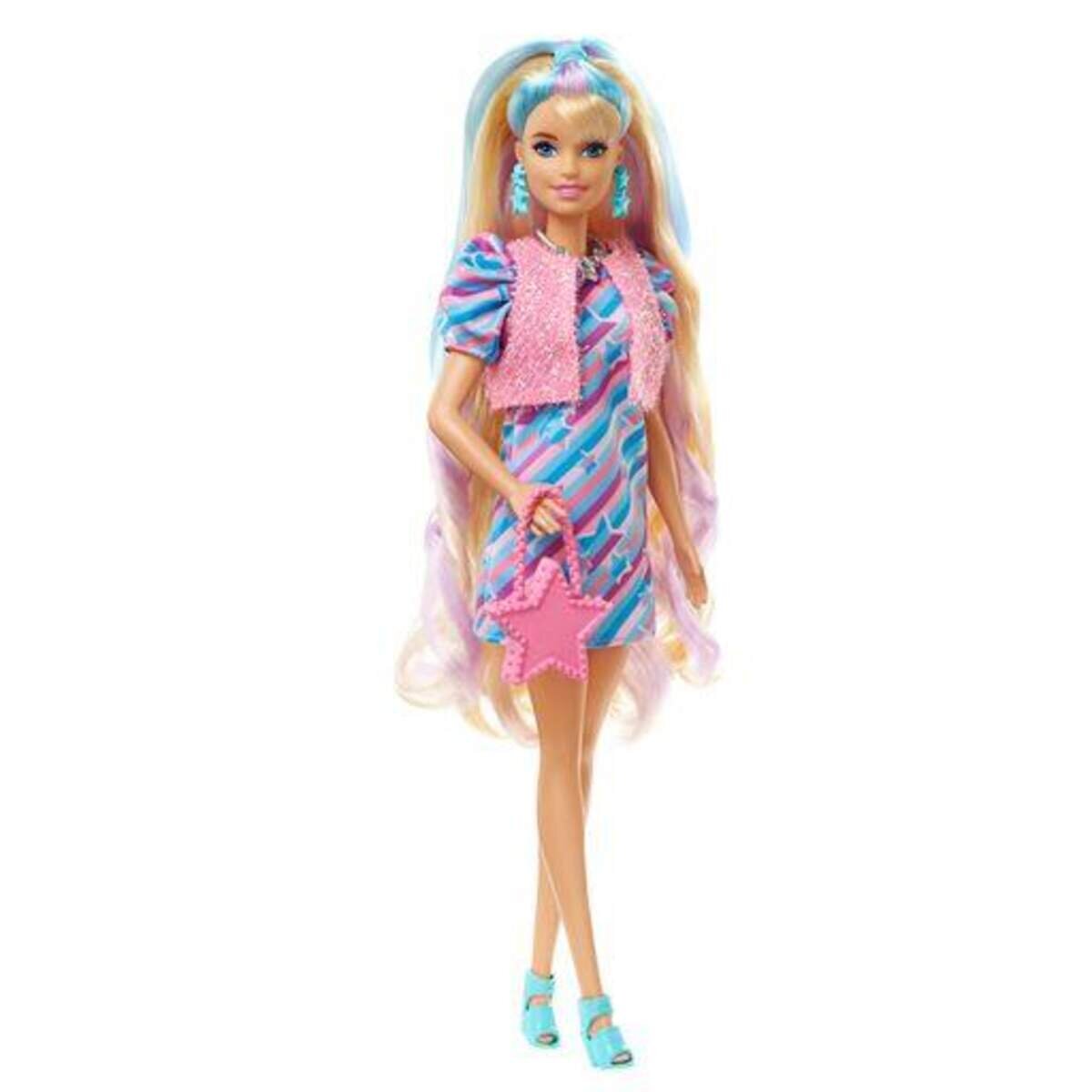 Barbie Totally Hair Puppe im Sternenlook, 21,6 cm langes Fantasiehaar, 15 Zubehörteile