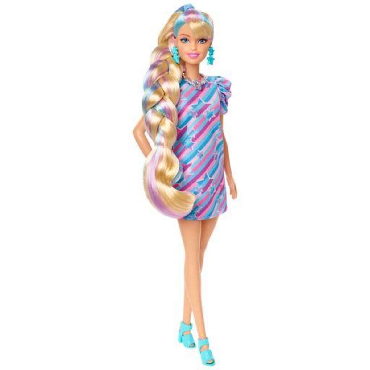 Barbie Totally Hair Puppe im Sternenlook, 21,6 cm langes Fantasiehaar, 15 Zubehörteile