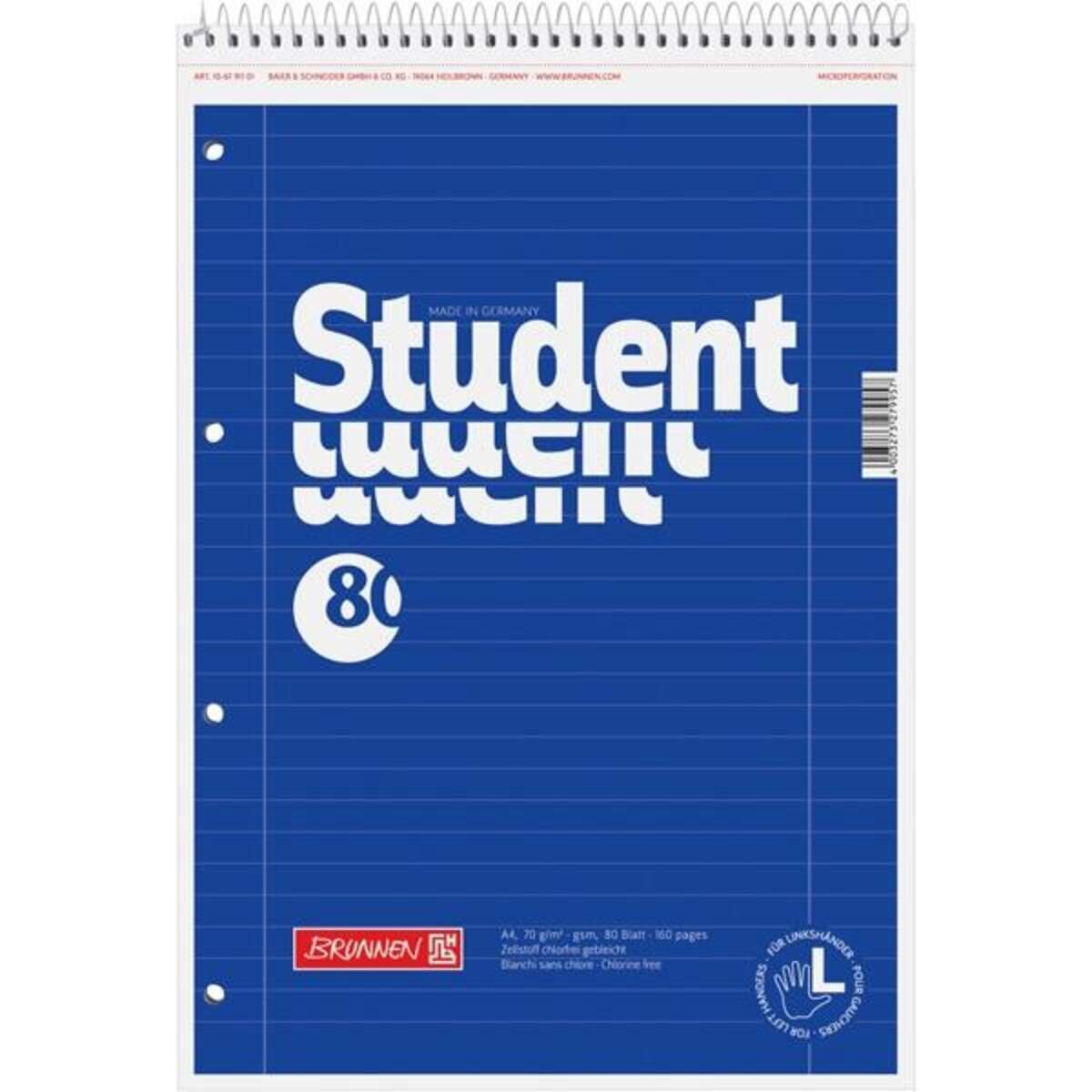 BRUNNEN Collegeblock Student A4, 80 Blatt, gelocht, Lineatur 27, für Linkshänder