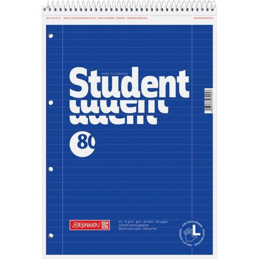BRUNNEN Collegeblock Student A4, 80 Blatt, gelocht, Lineatur 27, für Linkshänder