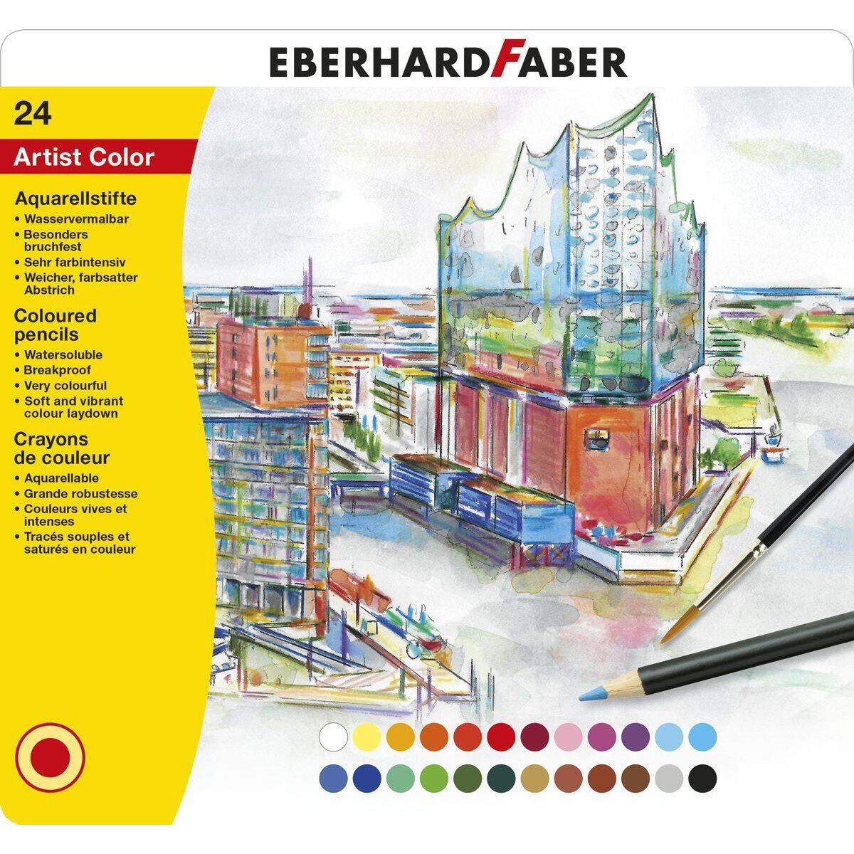 Eberhard Faber Aquarellbuntstifte Metalletui mit Pinsel, 24 Stück