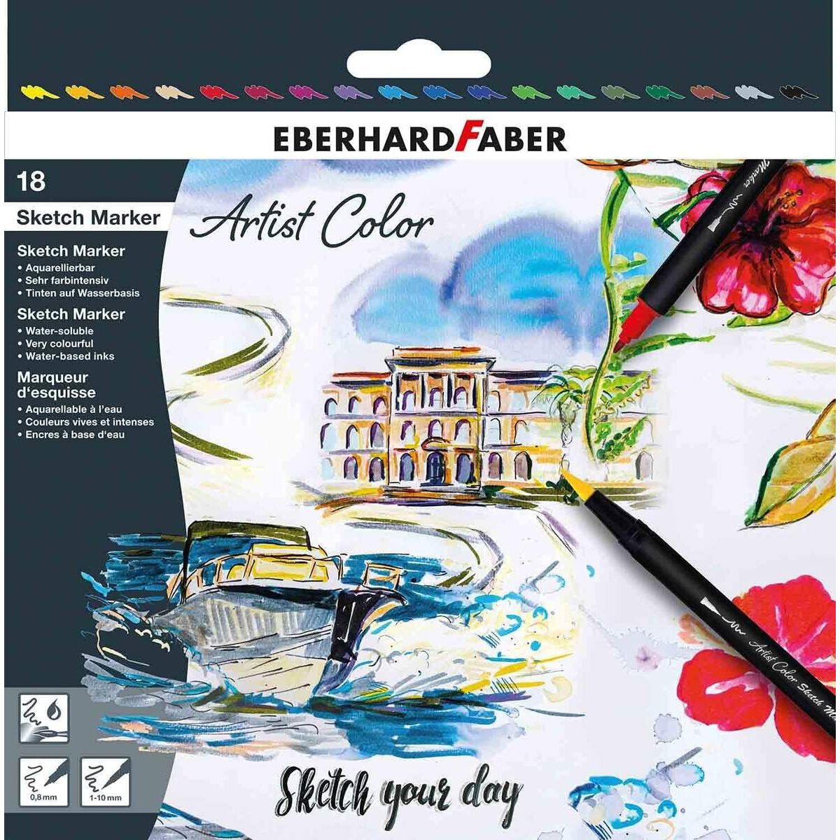 Eberhard Faber Artist Color Sketch Marker Set mit 18 Farben, Fasermaler mit Doppelspitze