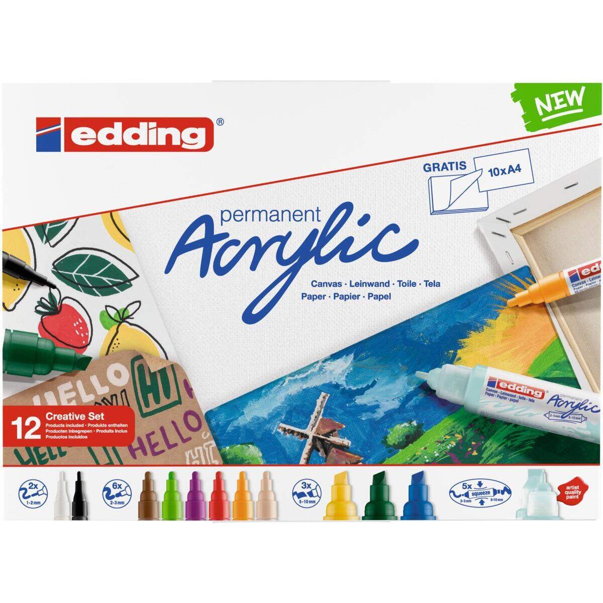 edding Acrylmarker 12er, Kreativ Set Basic Etui