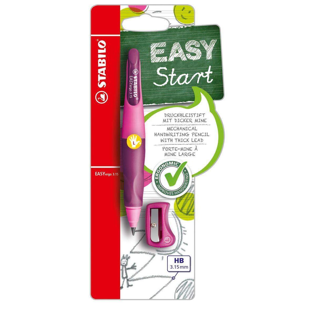 Ergonomischer Druck-Bleistift für Linkshänder - STABILO EASYergo 3.15 in pink/lila - Einzelstift - inklusive 1 dicken Mine - Härtegrad HB & Spitzer