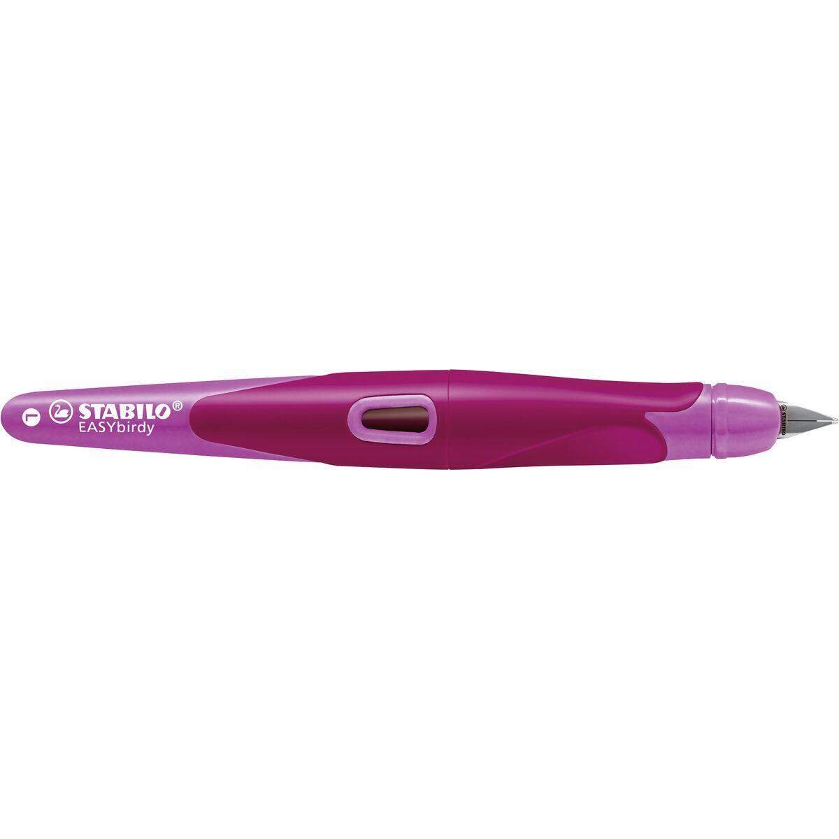 Ergonomischer Schulfüller für Linkshänder mit Anfänger-Feder A - STABILO EASYbirdy in beere/pink - Einzelstift - inklusive Patrone - Schreibfarbe blau (löschbar)