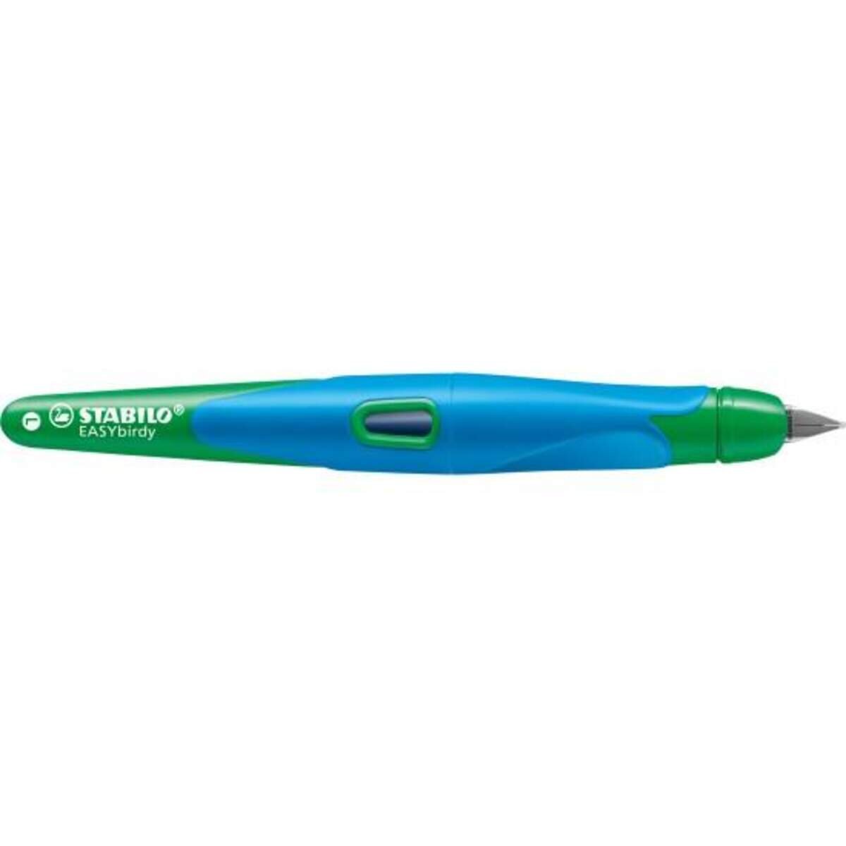 Ergonomischer Schulfüller für Linkshänder mit Standard-Feder M - STABILO EASYbirdy in himmelblau/grasgrün - Einzelstift - inklusive Patrone - Schreibfarbe blau (löschbar)