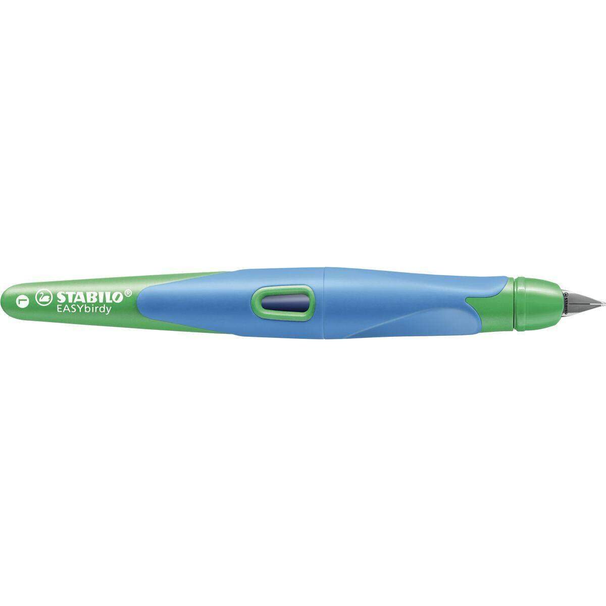 Ergonomischer Schulfüller für Linkshänder mit Anfänger-Feder A - STABILO EASYbirdy in himmelblau/grasgrün - Einzelstift - inklusive Patrone - Schreibfarbe blau (löschbar)