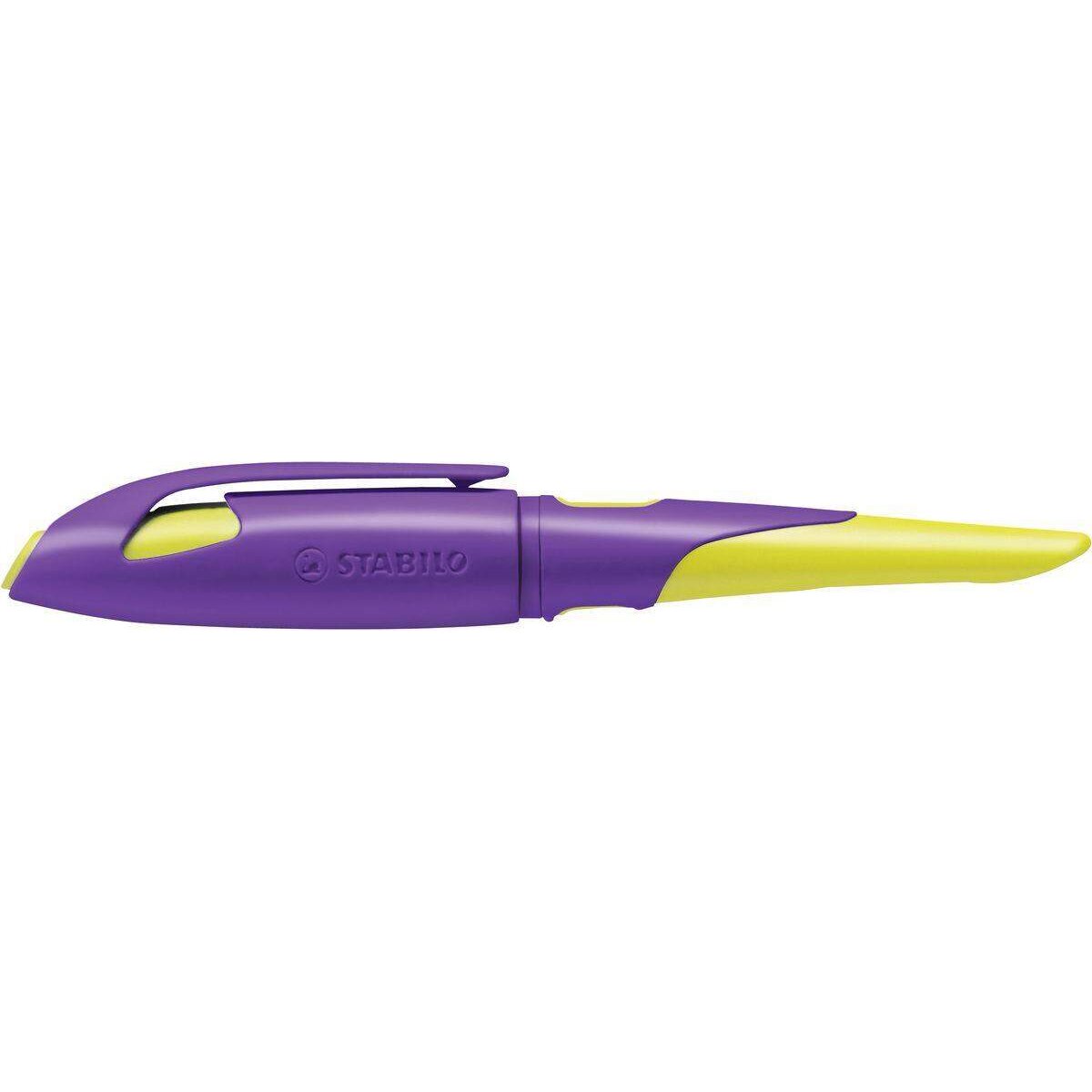 Ergonomischer Schulfüller für Rechtshänder mit Standard-Feder M - STABILO EASYbirdy in violett/gelb - Einzelstift - inklusive Patrone - Schreibfarbe blau (löschbar)