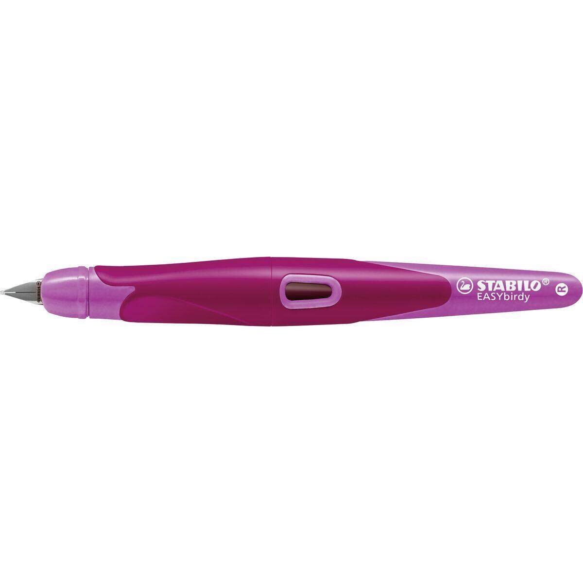 Ergonomischer Schulfüller für Rechtshänder mit Anfänger-Feder A - STABILO EASYbirdy in beere/pink - Einzelstift - inklusive Patrone - Schreibfarbe blau (löschbar)