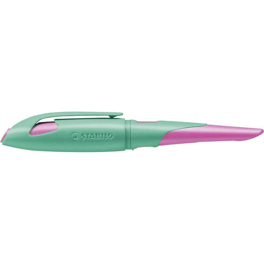 Ergonomischer Schulfüller für Rechtshänder mit Anfänger-Feder A - STABILO EASYbirdy in türkis/neonpink - Einzelstift - inklusive Patrone - Schreibfarbe blau (löschbar)