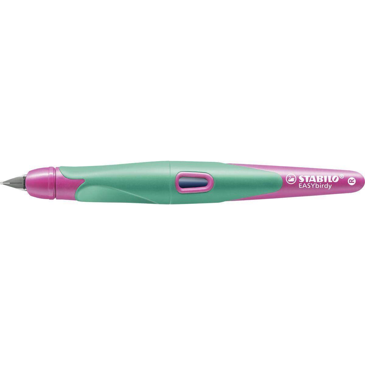 Ergonomischer Schulfüller für Rechtshänder mit Anfänger-Feder A - STABILO EASYbirdy in türkis/neonpink - Einzelstift - inklusive Patrone - Schreibfarbe blau (löschbar)