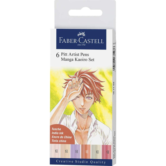 Faber-Castell Tuschestift Pitt Artist Pen Manga Kaoiro, mit Pinselspitze in verschiedenen Schreibfarben, 6er Etui