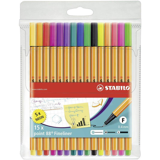 Fineliner - STABILO point 88 - 15er Pack - mit 15 verschiedenen Farben inklusive 5 Neonfarben