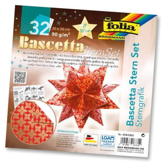 Folia Bascetta-Stern Set, 20x20cm, 32 Blatt Rot/Sterngrafik gold