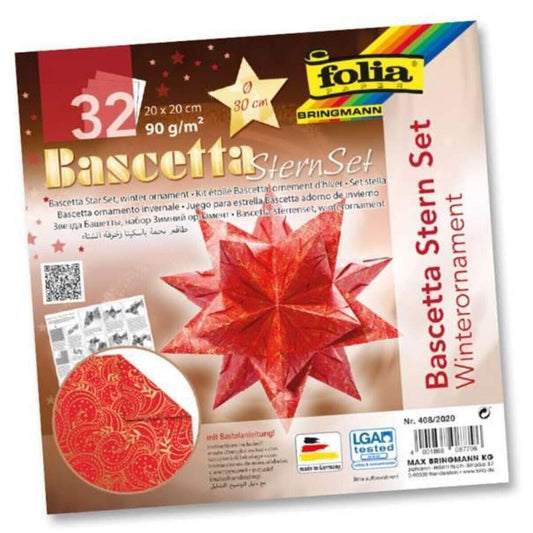 Folia Bascetta-Stern Set, 20x20cm, 32 Blatt Rot/Winterornament gold