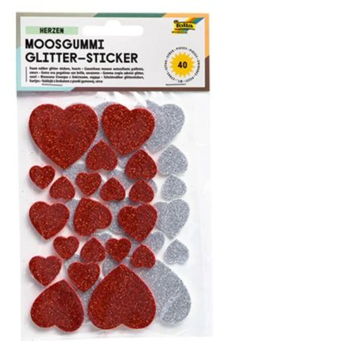 Folia Moosgummi Glitter Sticker Herzen in silber und rot