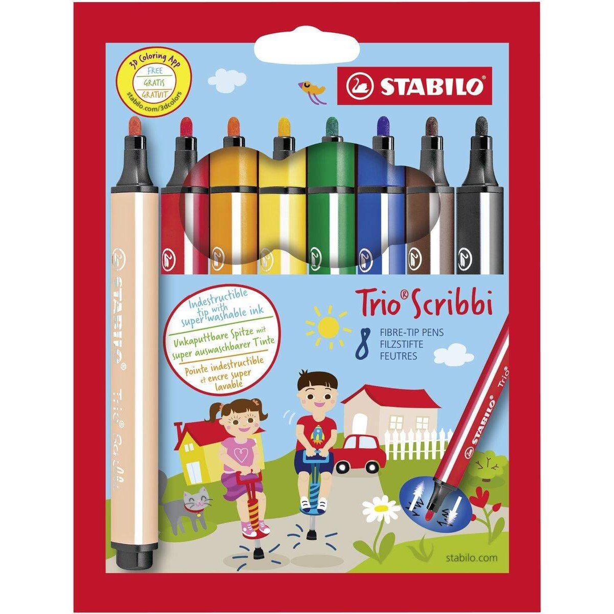 Gefederter Dreikant-Filzstift - STABILO Trio Scribbi - 8er Pack - mit 8 verschiedenen Farben