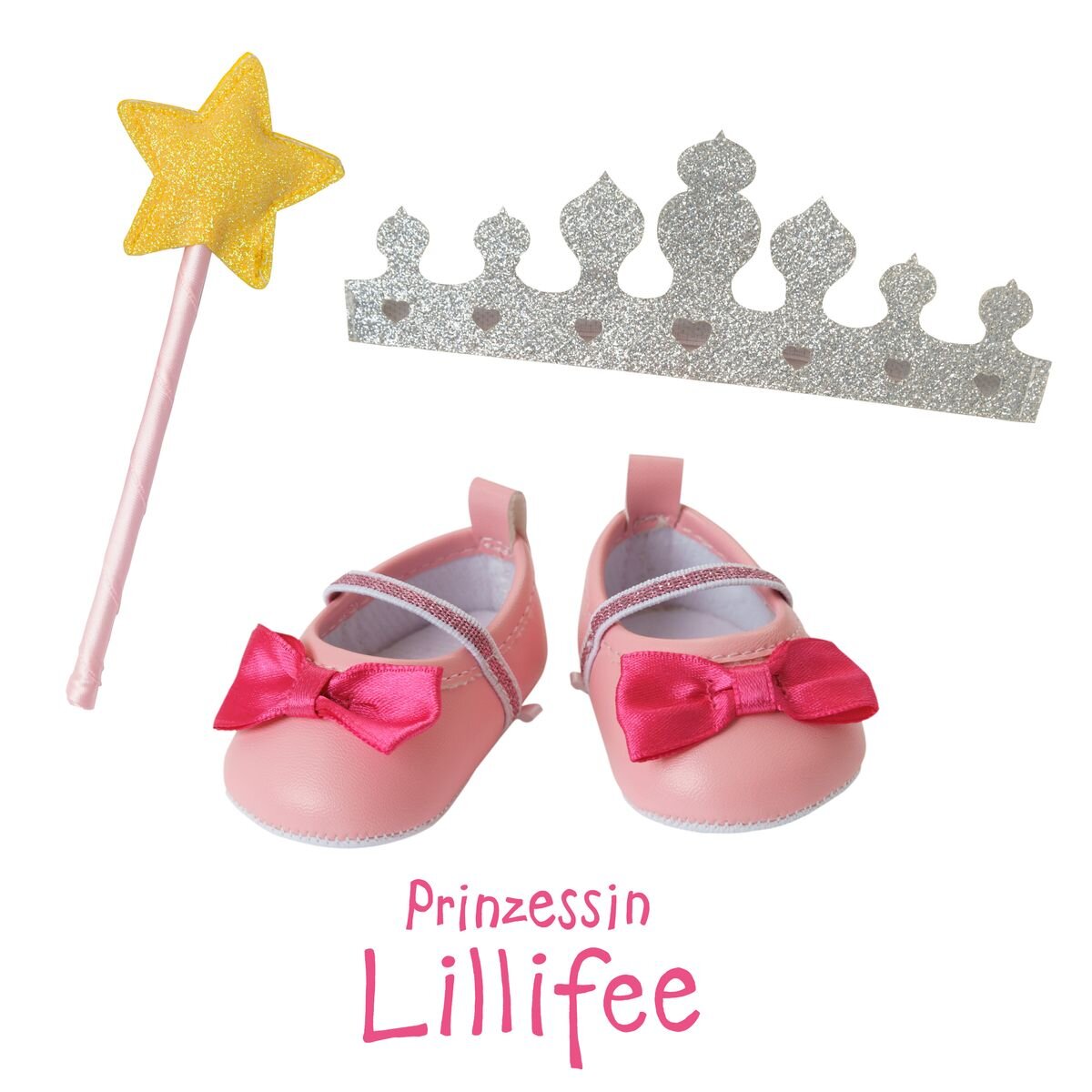 Heless Puppen-Accessoires-Set "Prinzessin Lillifee", 3-teilig : Ballerinas, Glitzerkrone und Zauberstab, Gr. 30-34 cm