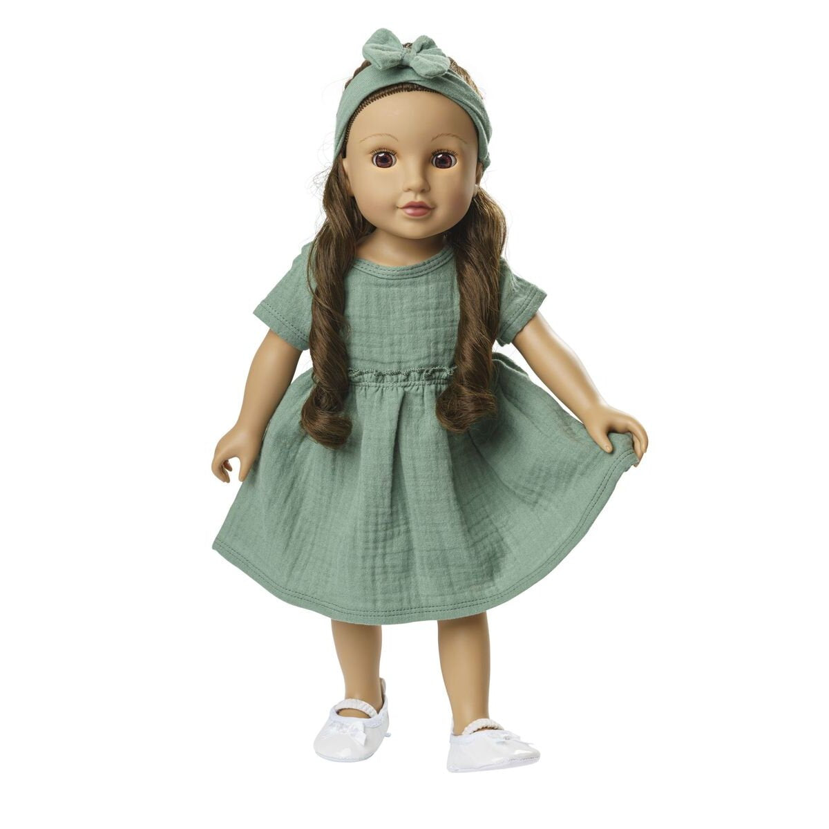 Heless Puppenkleid aus 100 % Bio-Baumwolle mit Rüschen und Haarband, salbeigrün, 2-teilig, Gr. 35-45 cm