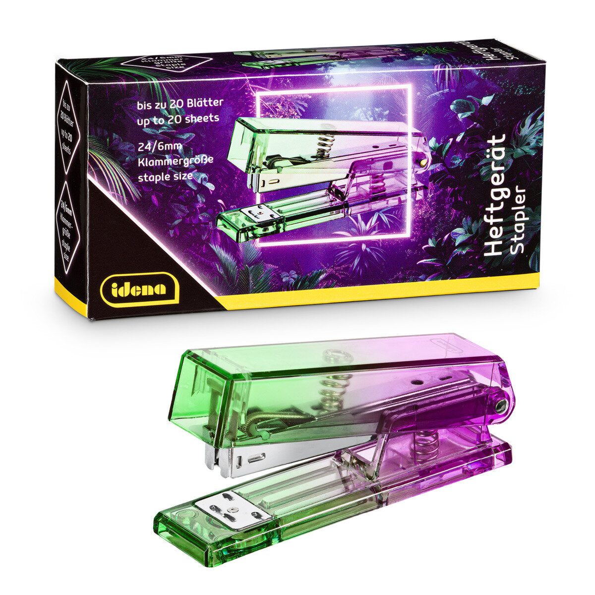 Idena Heftgerät Bicolor für Klammern 24/6 bis zu 20 Blätter lila grün 129 x 34 x 64 mm
