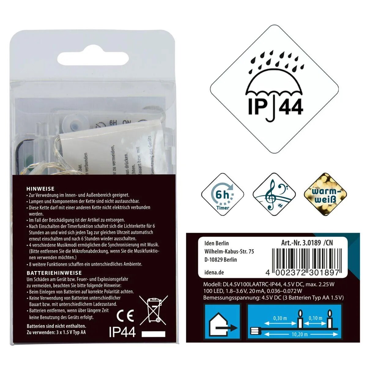 Idena Micro Lichterkette 100 LED WW, Musik, 6h-Timer