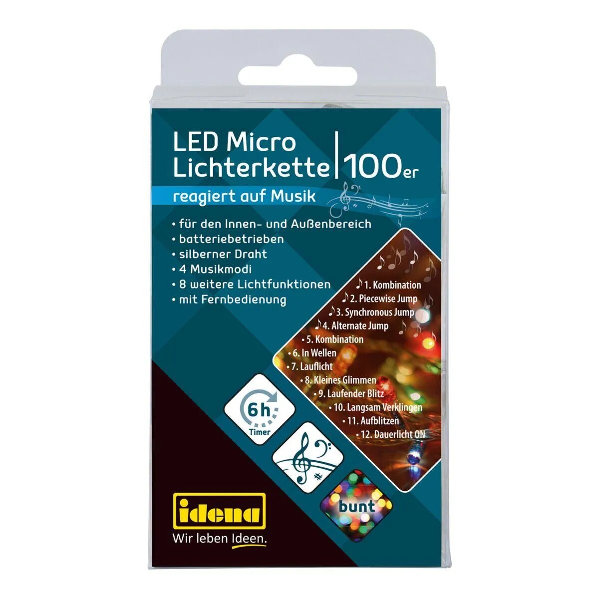 Idena Micro Lichterkette 100 LED bunt, Musik, 6hTimer