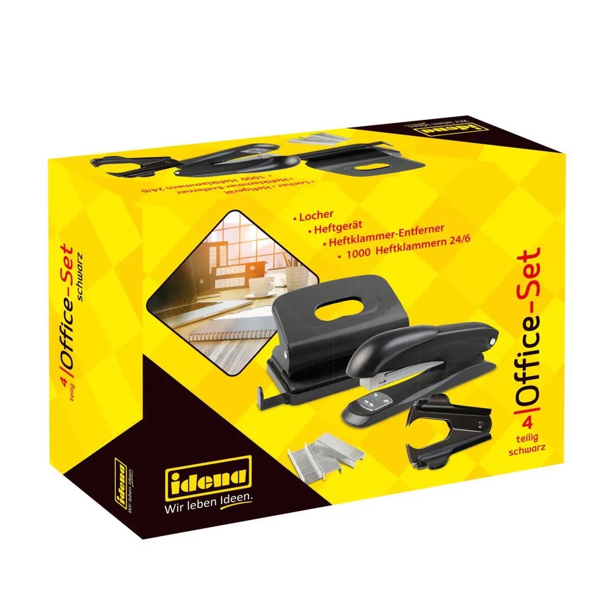 Idena Office Set Lochen und Heften schwarz, 4-teilig