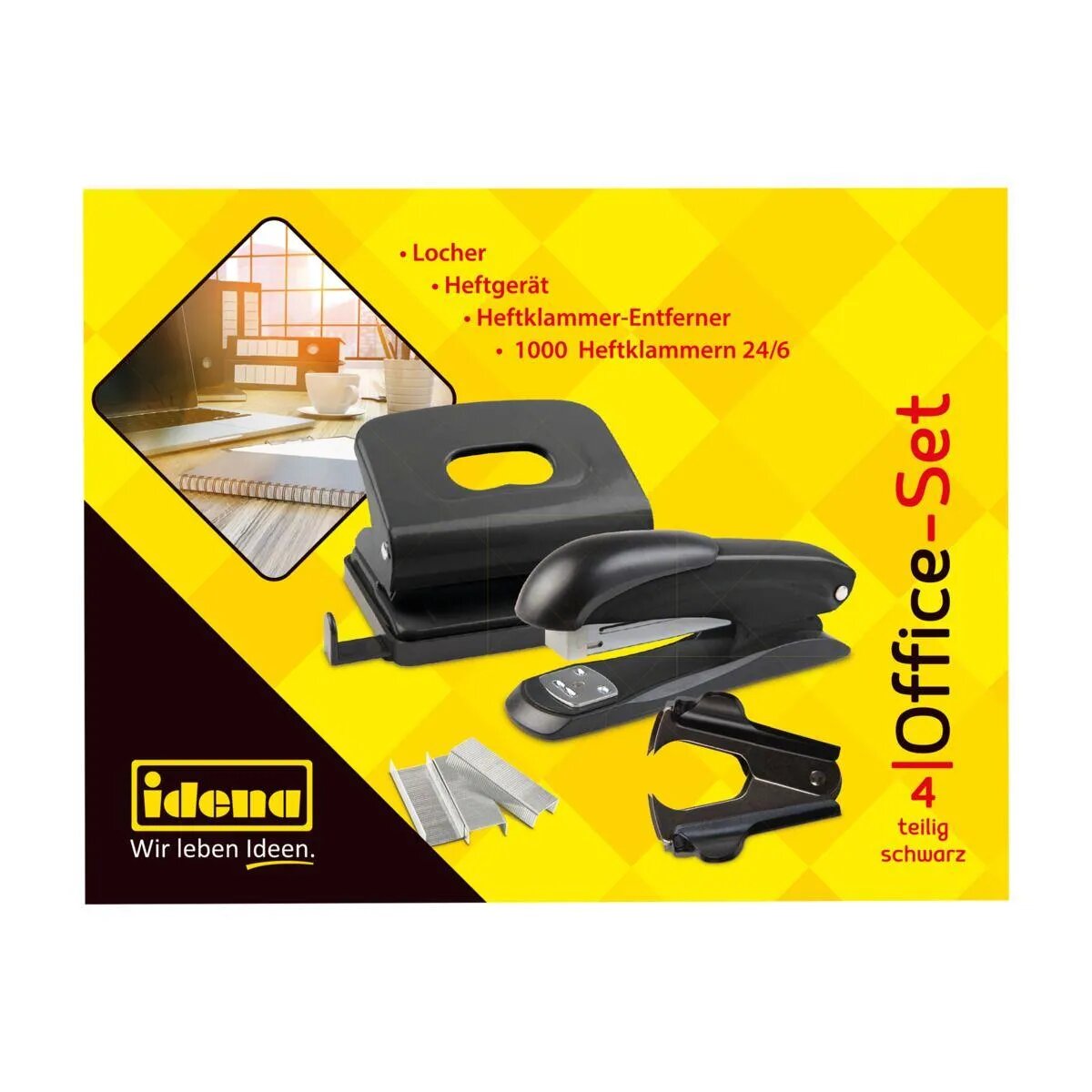 Idena Office Set Lochen und Heften schwarz, 4-teilig