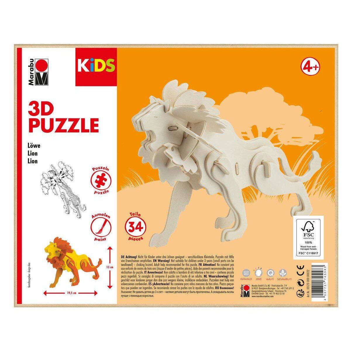 Marabu KiDS 3D Holzpuzzle Löwe, 34 Teile, ca. 19,5 x 13 cm